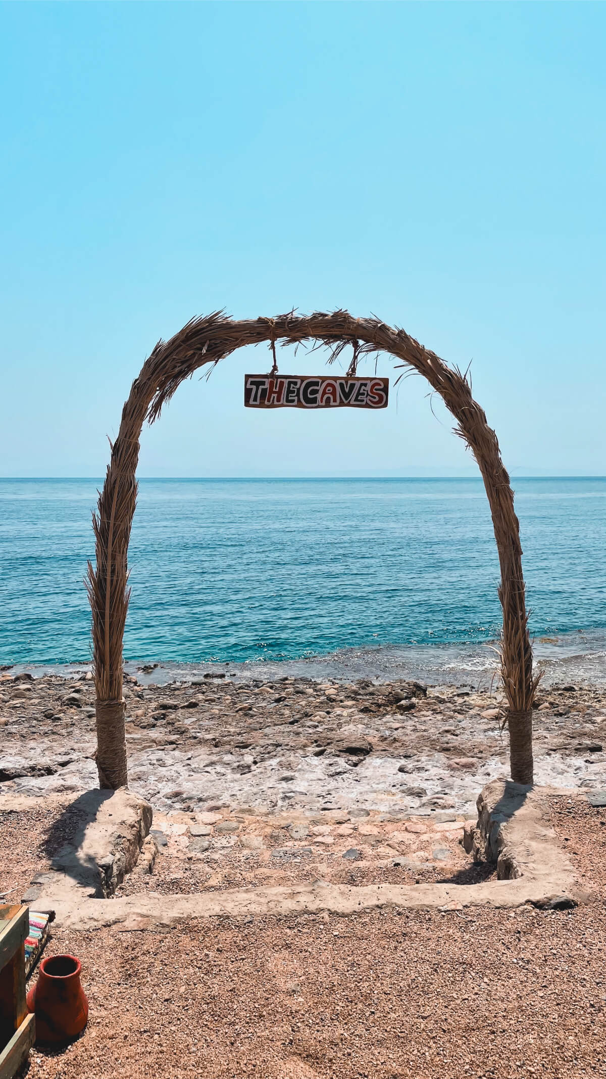 A picture of the surface entrance at the Caves dive site in Dahab, Egypt