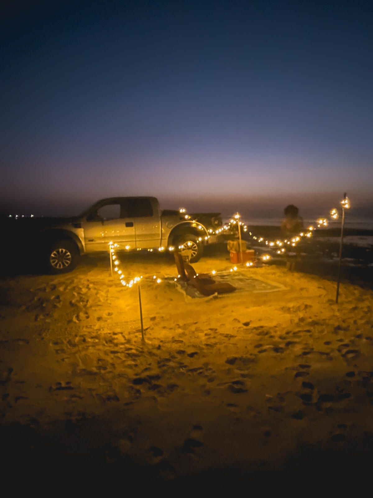 Our nighttime setup for wild camping, including fairy lights